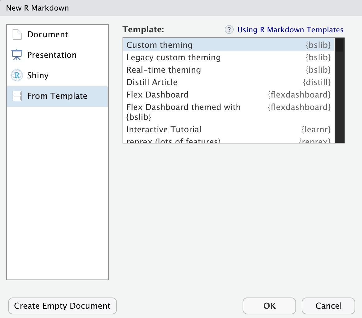 RStudio "New Template" dialog showing three theming-related templates from bslib.