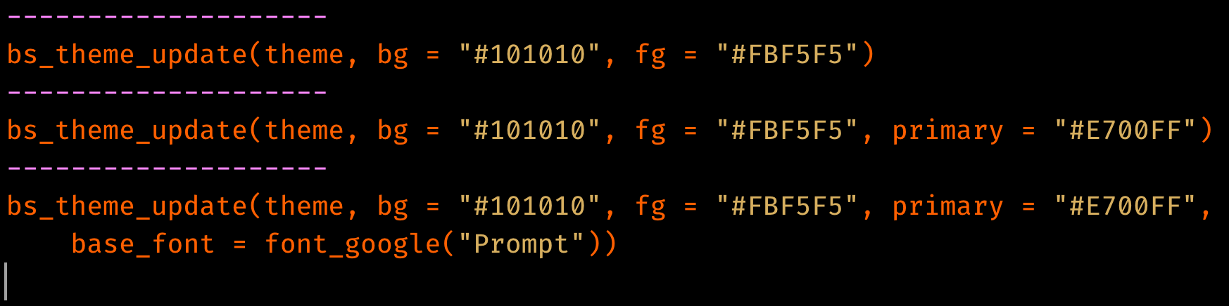 Console output showing the R code to reproduce the theming changes.