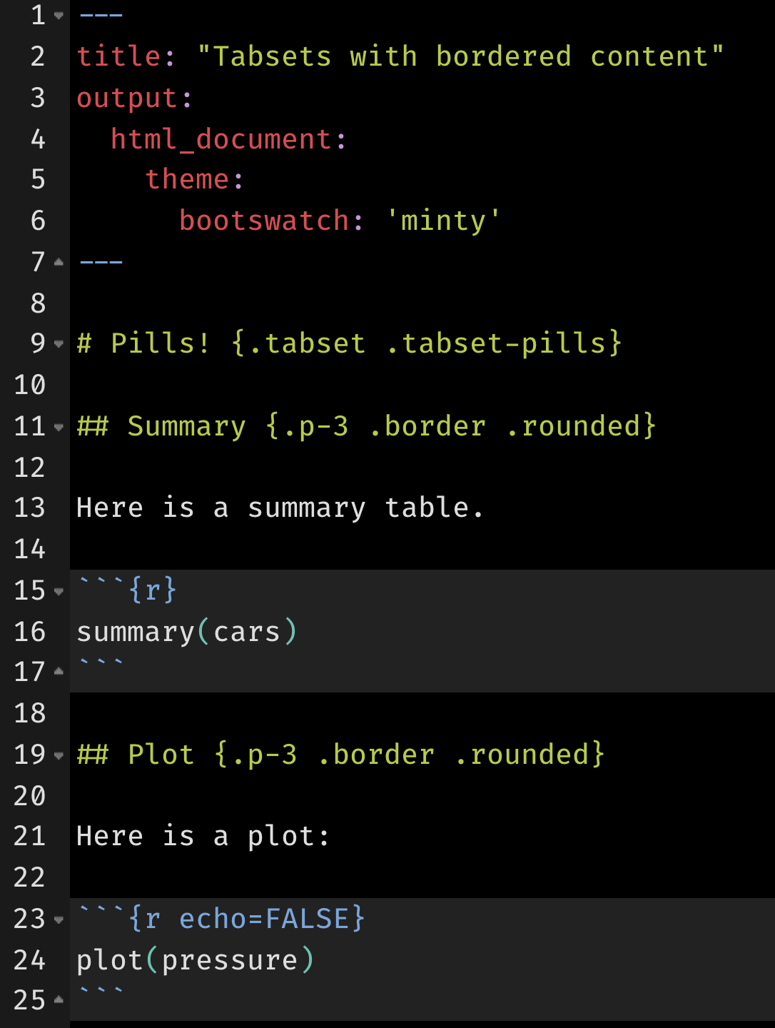 Source code for an rmarkdown tabset, see the previous link for the code.