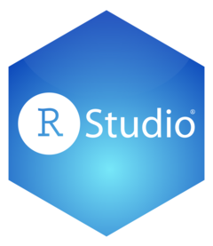 Hex logo for the RStudio IDE - A light blue hexagon with the word 'RStudio' in the middle. The 'R' is blue in the centre of a solid white circle, while 'Studio' is written in white on the blue background.