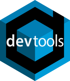 Hex logo for devtools - The bottom part of a lowercase 'd' in black, in a hexagonal shape slightly inside the boundary of the hexagonal logo. The background is filled in three shades of blue. 'devtools' is written across the front in white.