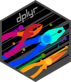 Hex logo for dplyr - three different brightly coloured cartoon pairs of pliers that appear as spaceships flying through a black background, with coloured spots representing stars and planets.
