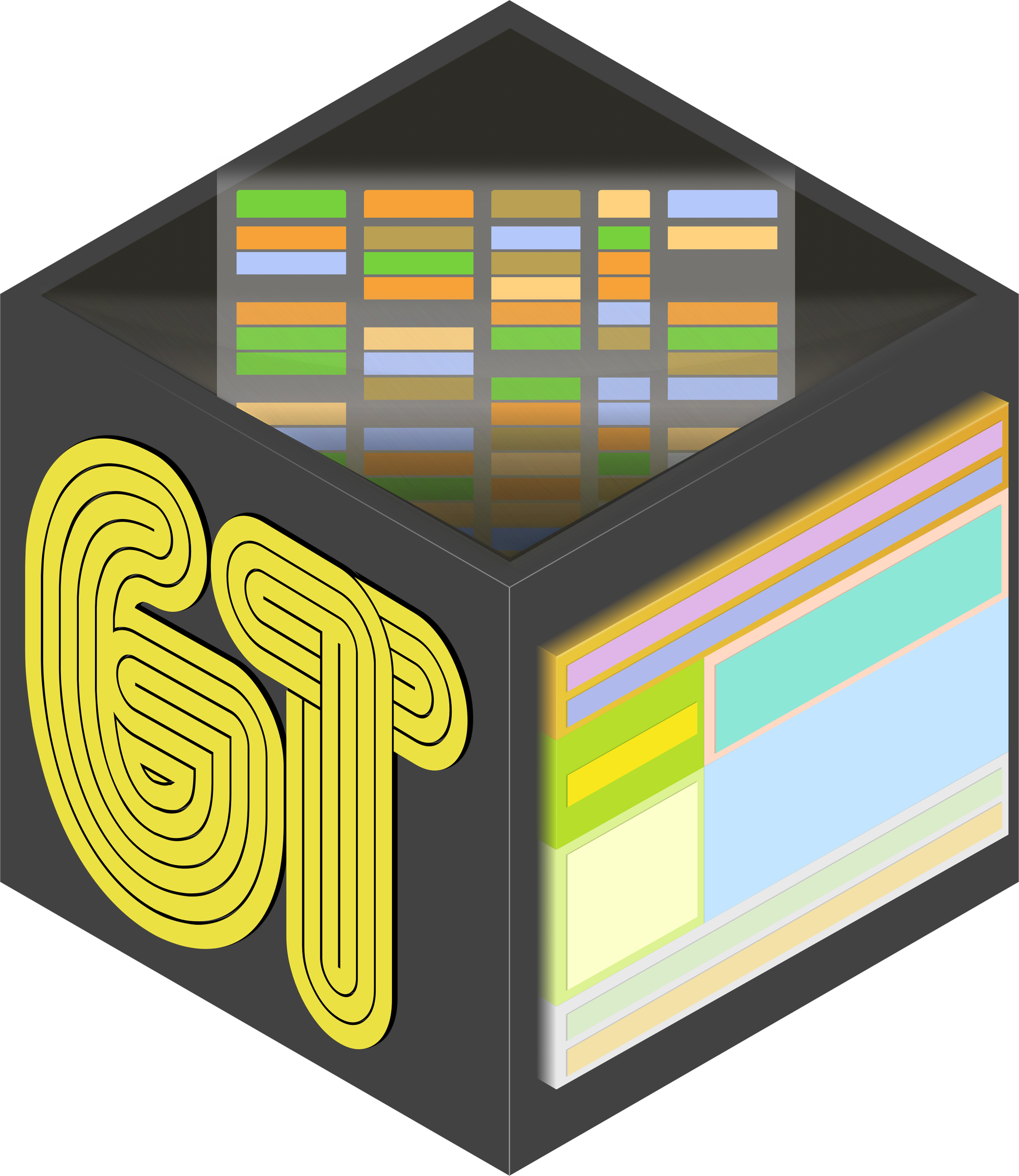 Hex logo for gt - illustration of black cube with a table with colorful cells and the letters GT.