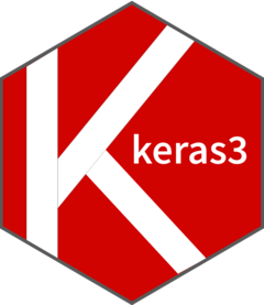 Hex logo for keras3. It is a very large white K with a red background. It has the name of the package in smaller letters on the right.
