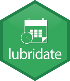 Hex logo for lubridate - a white calendar on a green background, with a clock superimposed on it. 'lubdridate' is written in white across the bottom.