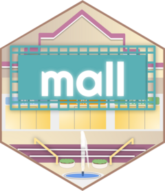 Hex logo for mall - drawing of the inside of a mall. There is a fountain in the middle.