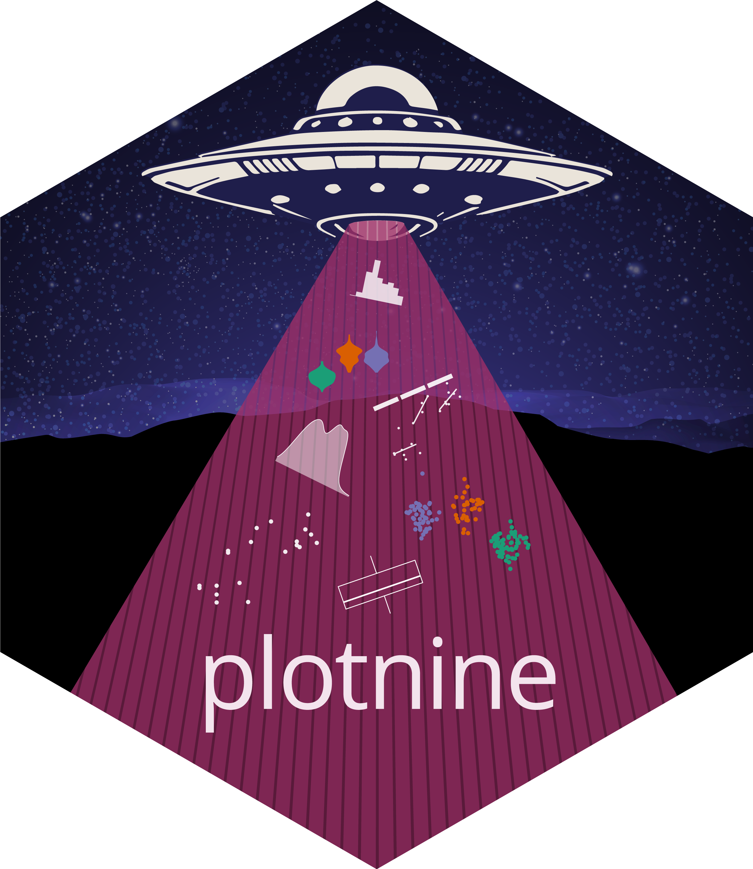 Hex logo for plotnine - illustration of a spaceship and plotnine geoms in its light.