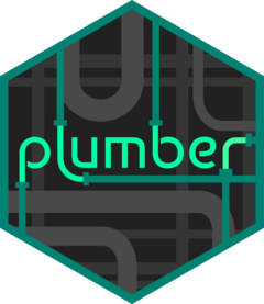 Hex logo for plumber - the word 'plumber' written in green, where the letters are depicted as water pipes, which connect to the border of the logo. The background is a series of criss-crossing pipes in shades of black and grey.