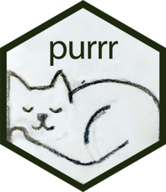 Hex logo for purrr - a simple sketch of a sleeping cat nestled into the bottom of the black border of the hexagon. 'purrr' is written across the top in black.