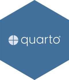 Hex logo for Quarto - a white circle segmented into quarters next to the text Quarto on a blue background.
