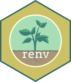 Hex logo for renv with a leafy plant growing out of the soil and the roots visible below the soil.