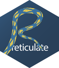 Hex logo for reticulate - a navy blue background with a light-blue and yellow snake semi-coiled across the foreground. 'reticulate' is written across the bottom in white.