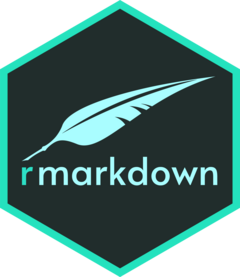 Hex logo for rmarkdown - a dark blue background with a teal border. 'rmarkdown' is written across the bottom in light teal, and there is a quill pen above the word, with the tip pointing to the first 'r'.