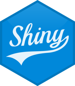 Hex logo for Shiny - A blue hexagon with the word 'Shiny' written in white in a flowing cursive font. The tail of the 'y' flows back to the left to underline the word.
