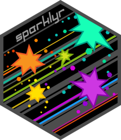 Hex logo for sparklyr - Neon shooting stars of various shapes and sizes flying across a black and grey background.