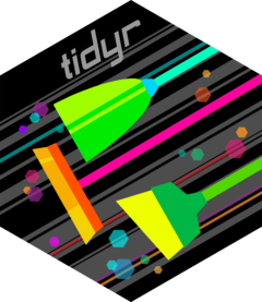 Hex logo for tidyr - three different brightly coloured cartoon brooms that appear as spaceships flying through a black background, with coloured spots representing stars and planets.