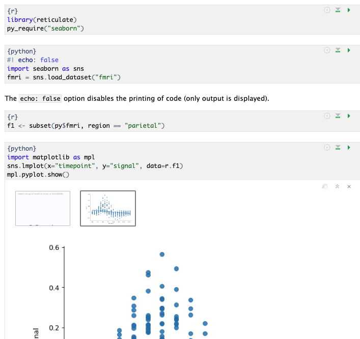 A screenshot of a Quarto document that combines R code and Python code