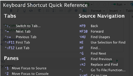Keyboard Shortcut Quick Reference view