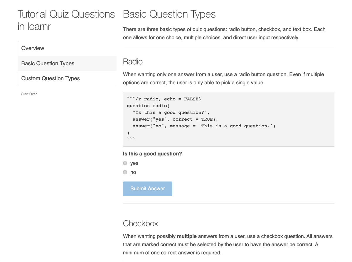 Preview image of learnr: Quiz Questions