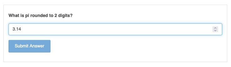 A learnr question input asking "What is pi rounded to 2 digits?" followed by an input box with the text "3.14"