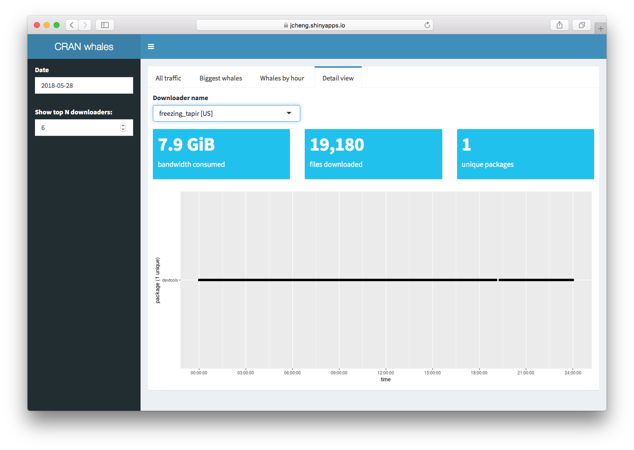 “Detail View” showing how freezing_tapir only downloads {devtools} continuously all day long.